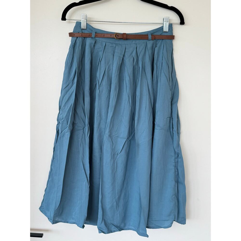 Tulip B Vintage Blue Pleated Midi Skirt Belt Pockets Lined Small NEW - Picture 2 of 11